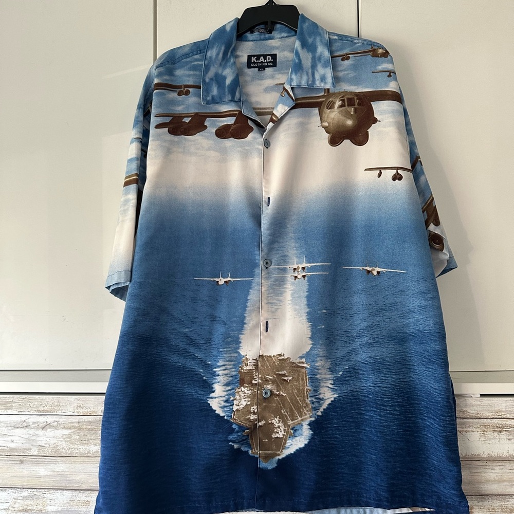 ✈️ Aircraft Carrier Fighter Jet Button Up Shirt K.A.D. Clothing Co XL Military